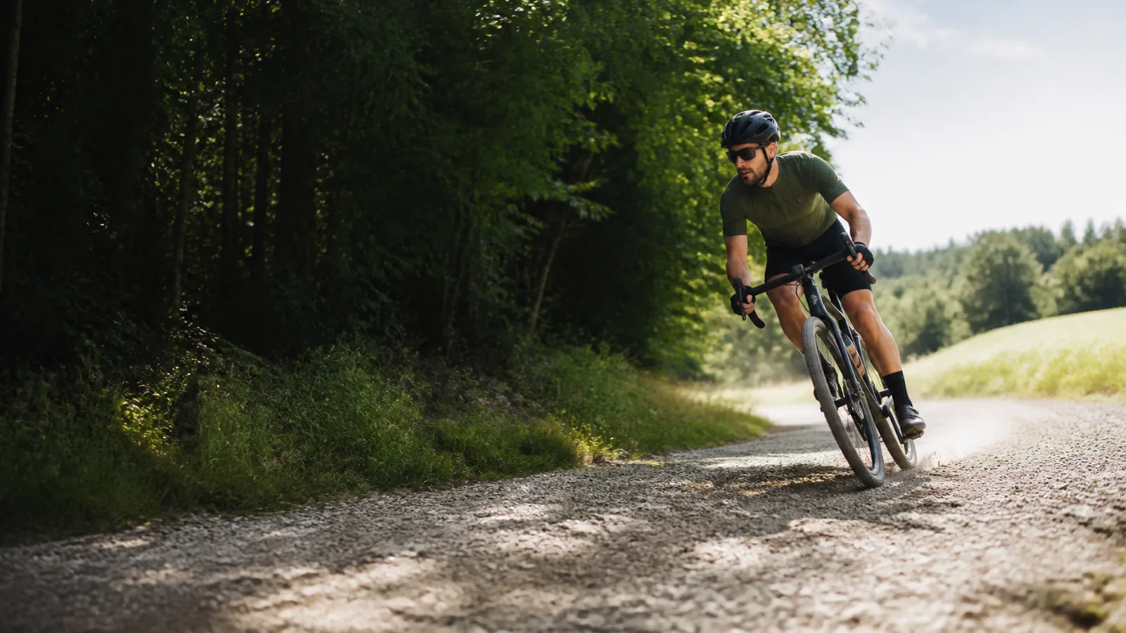 Rowerzysta dynamicznie jadący po jasnej szutrowej trasie